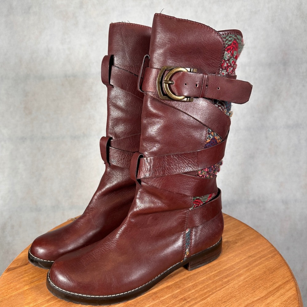 Dani Black Tall Boots Women 9.5 Burgundy Leather Knit Tapestry Buckle Good
